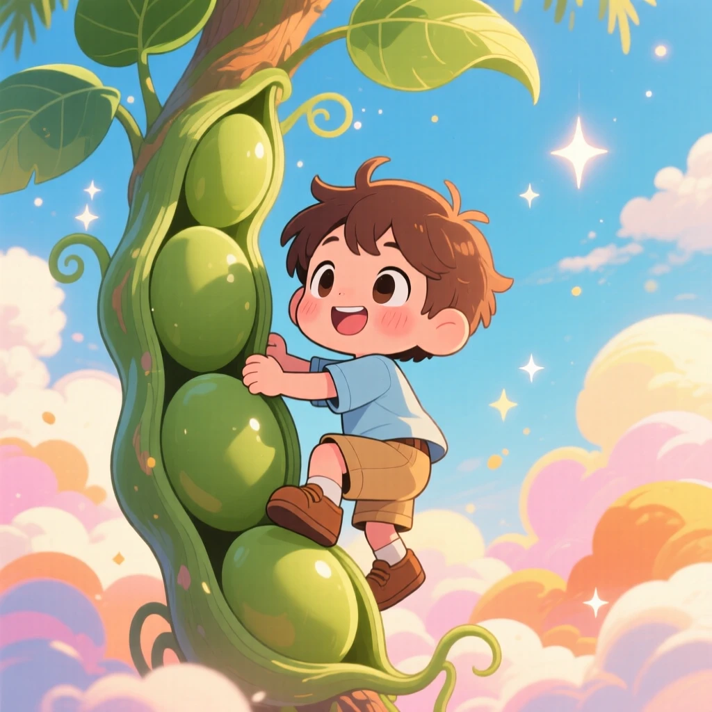 Three-quarter view: a small boy, climbing a giant beanstalk toward the clouds, set against a magical cloud-covered sky on a warm tropical afternoon, with sparkling starlight and a mood of warm affection.