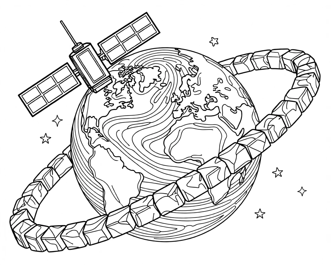 A satellite drifting above a swirling blue planet, with rings of ice and rock circling nearby.