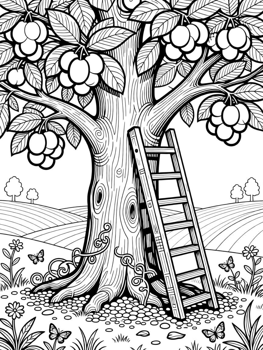 A single ladder leaning against a tree heavy with ripe fruit.