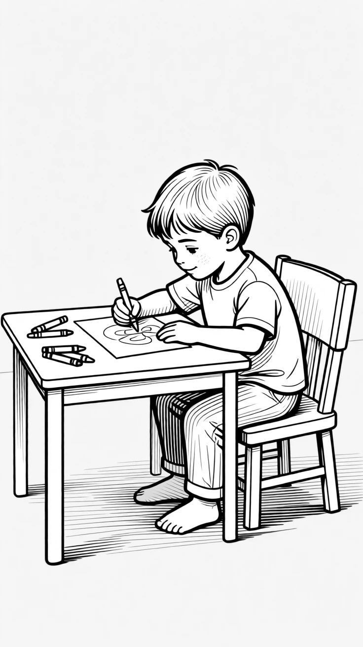 A child drawing with crayons at a small table