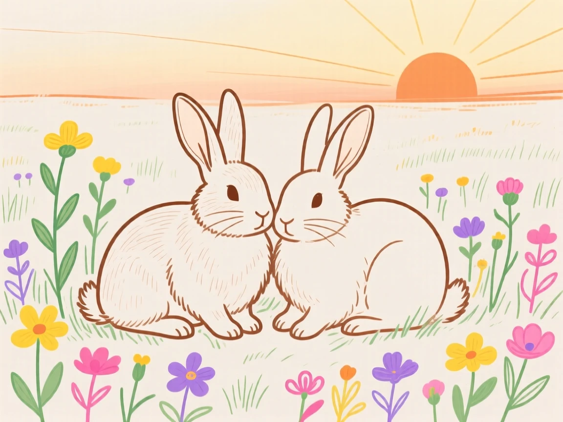 A pair of rabbits resting near a wildflower field at sunrise.