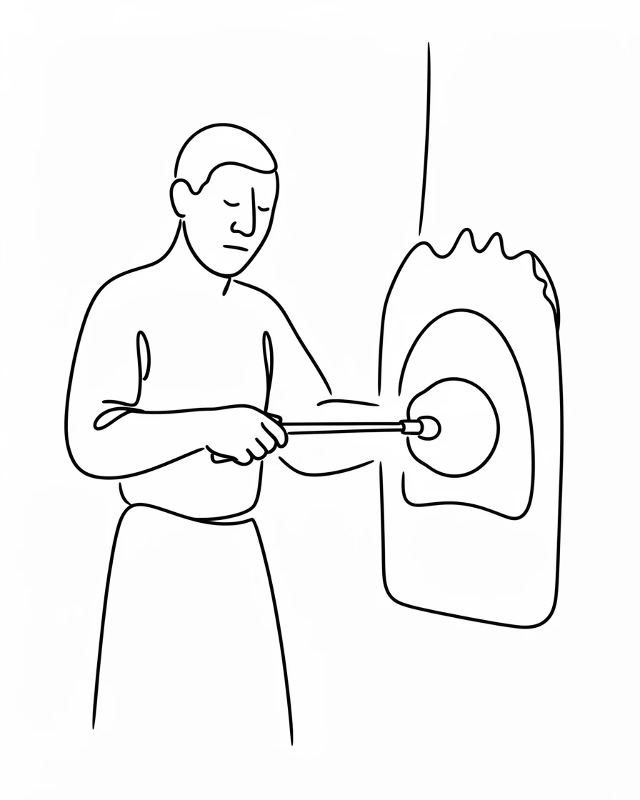 A glassblower shaping a molten piece of glass at a furnace