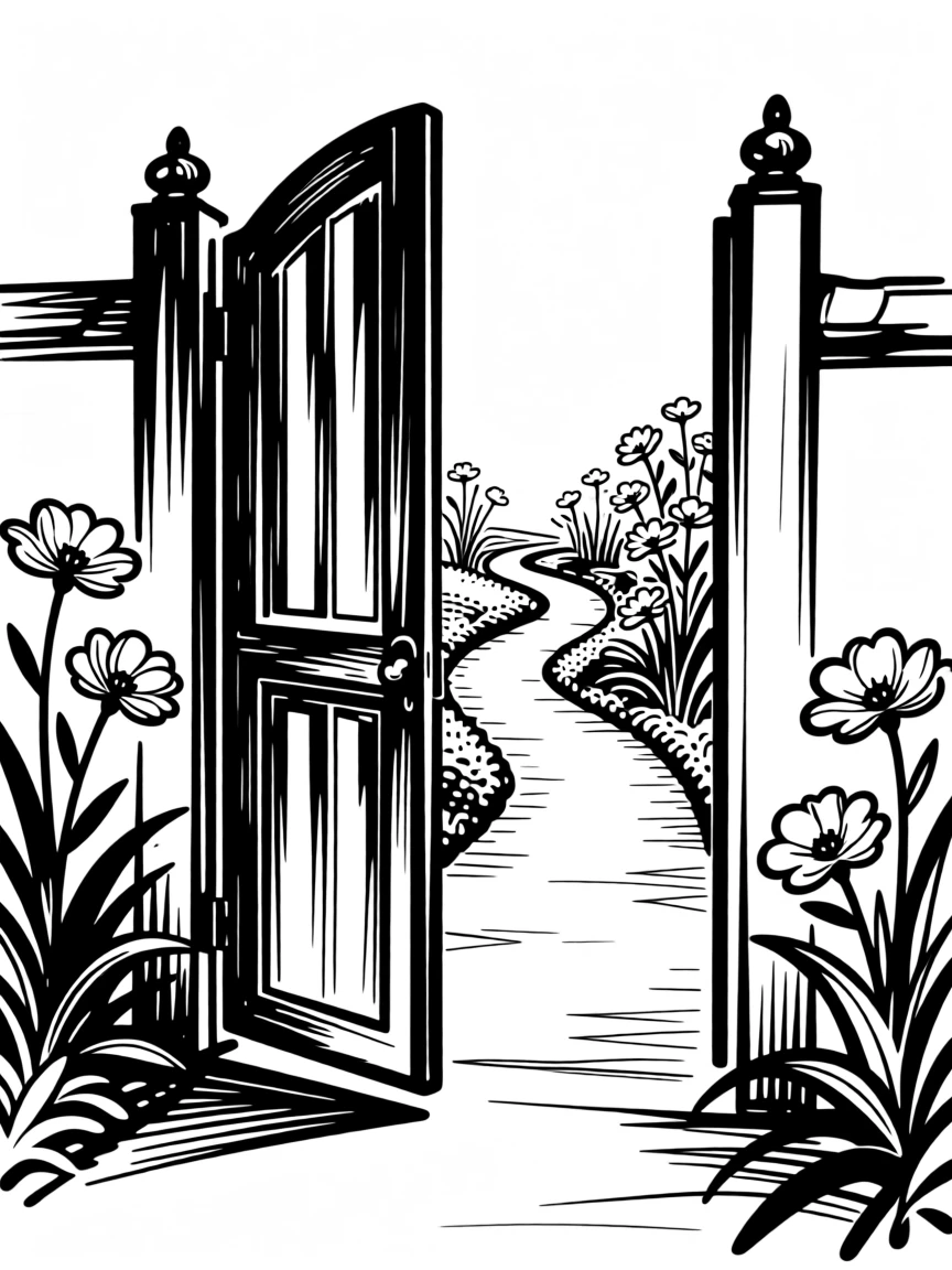 A garden gate standing open onto a sunlit path lined with blooming flowers.