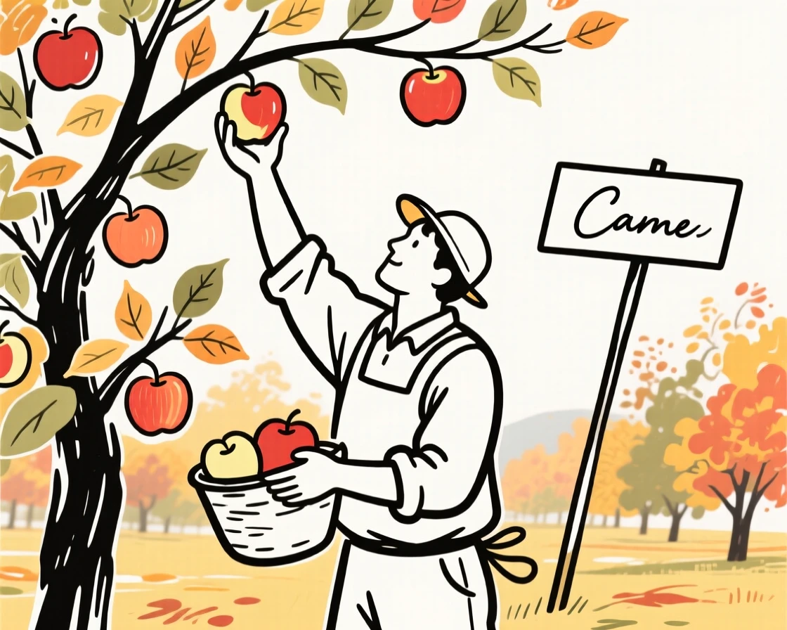 A farmer harvesting apples from an orchard in early autumn.