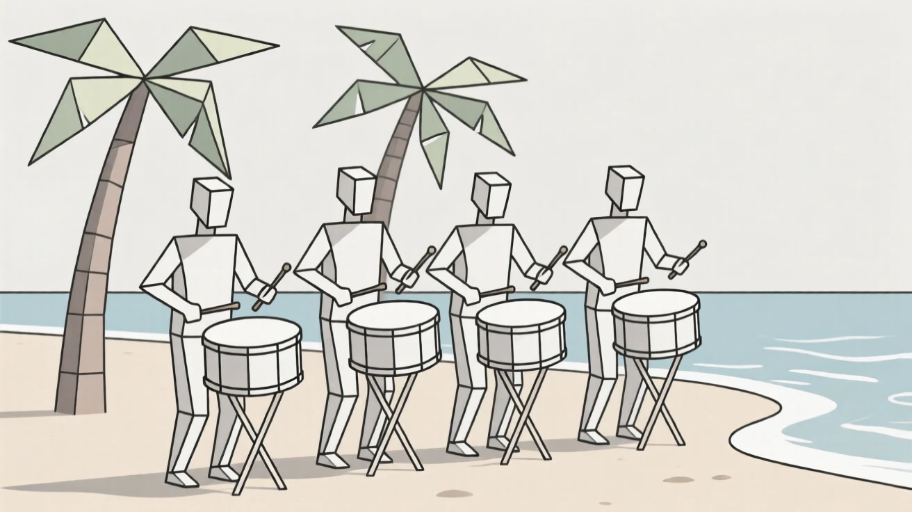 A steel drum band performing on a tropical beach