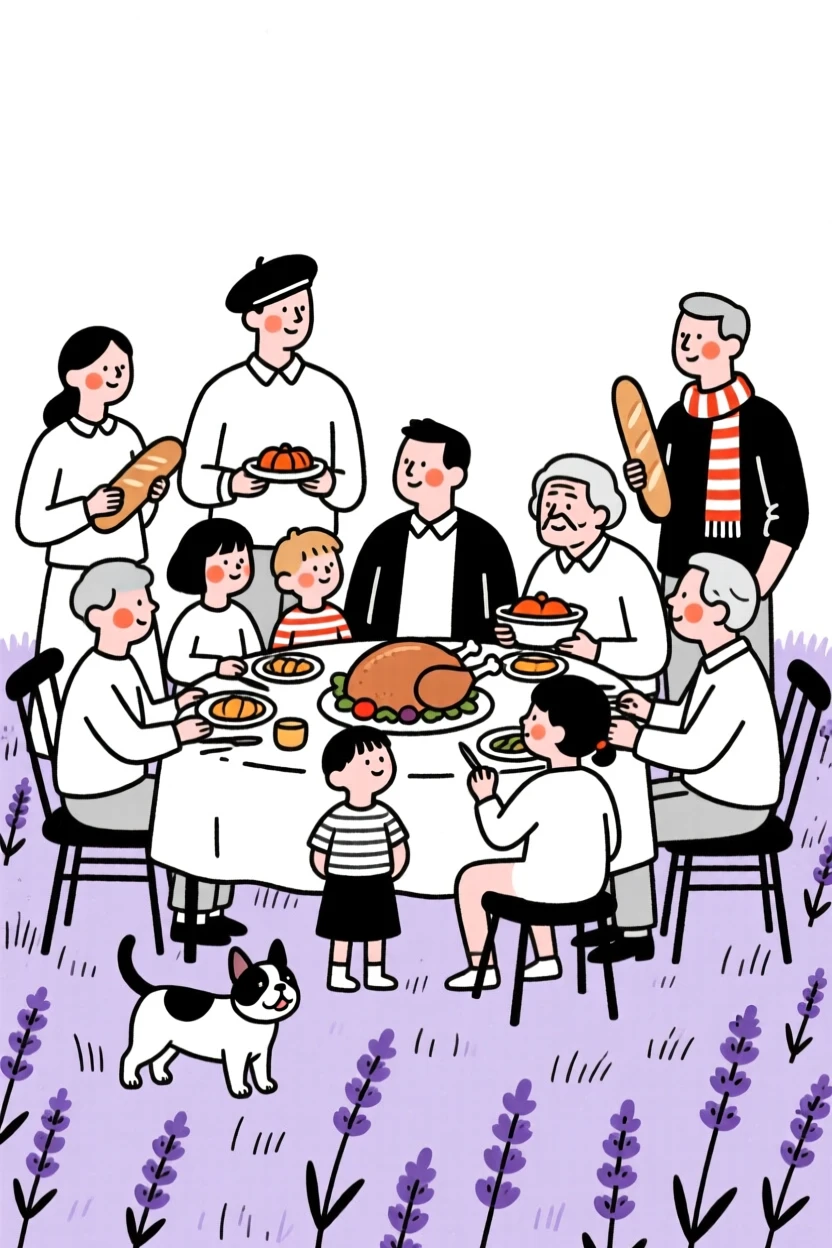 A large extended family of French heritage gathering for Thanksgiving dinner, in a lavender field.