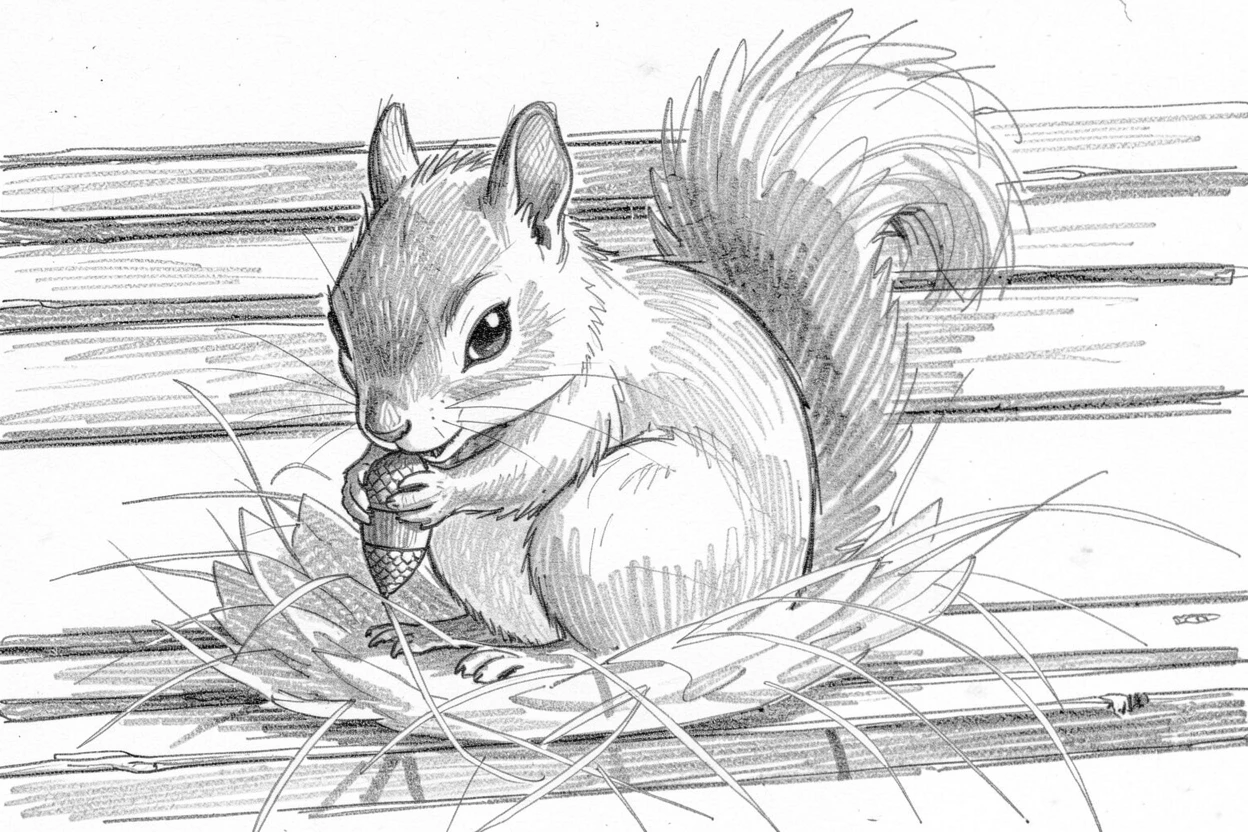 A charming close-up of a squirrel nibbling an acorn on a park bench in a nest of soft hay, looking impossibly soft and content.