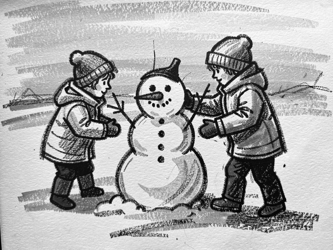 Children building a snowman in a fresh snowy yard, beneath a sky streaked with sunset colors.