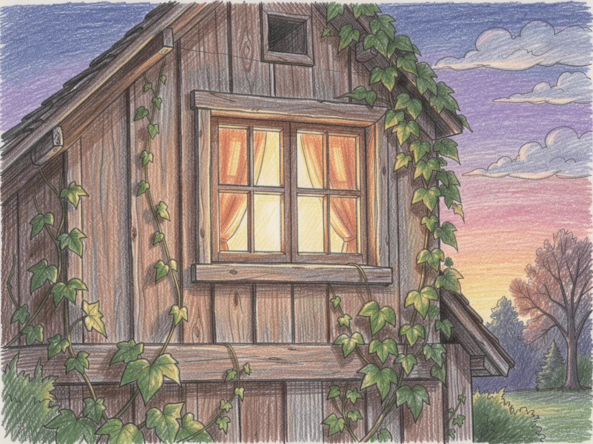 A countryside barn loft window glowing warmly at twilight, with rich, inviting textures throughout the scene, designed to feel inviting, memorable, and shareable.
