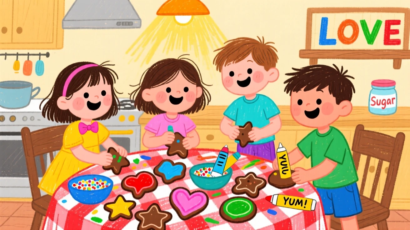 A group of young siblings decorating cookies together in a warm kitchen.