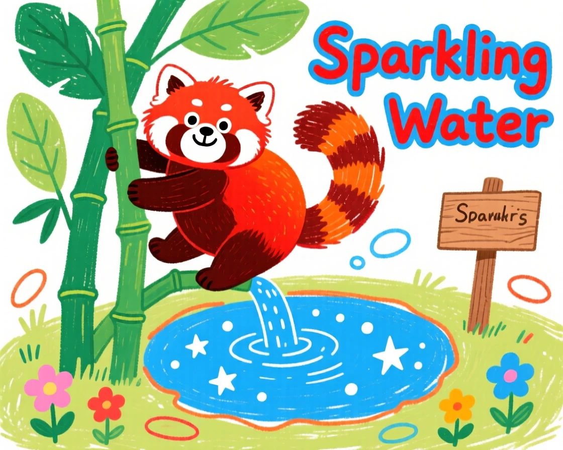 A red panda climbing a bamboo branch beside a sparkling watering hole.