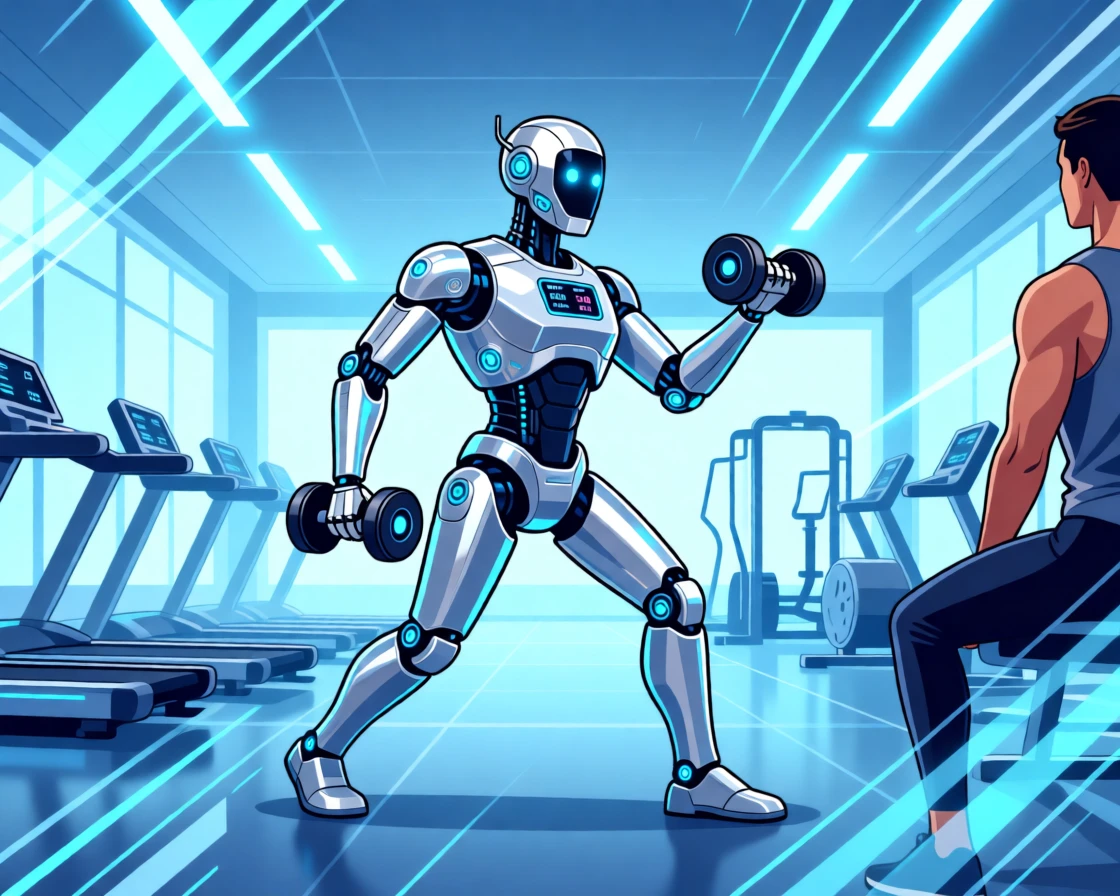 A robot fitness coach guiding a workout in a bright gym, set against a backdrop of soft ambient blue light, composed with dynamic diagonal lines suggesting motion, with sleek metallic textures catching soft light.
