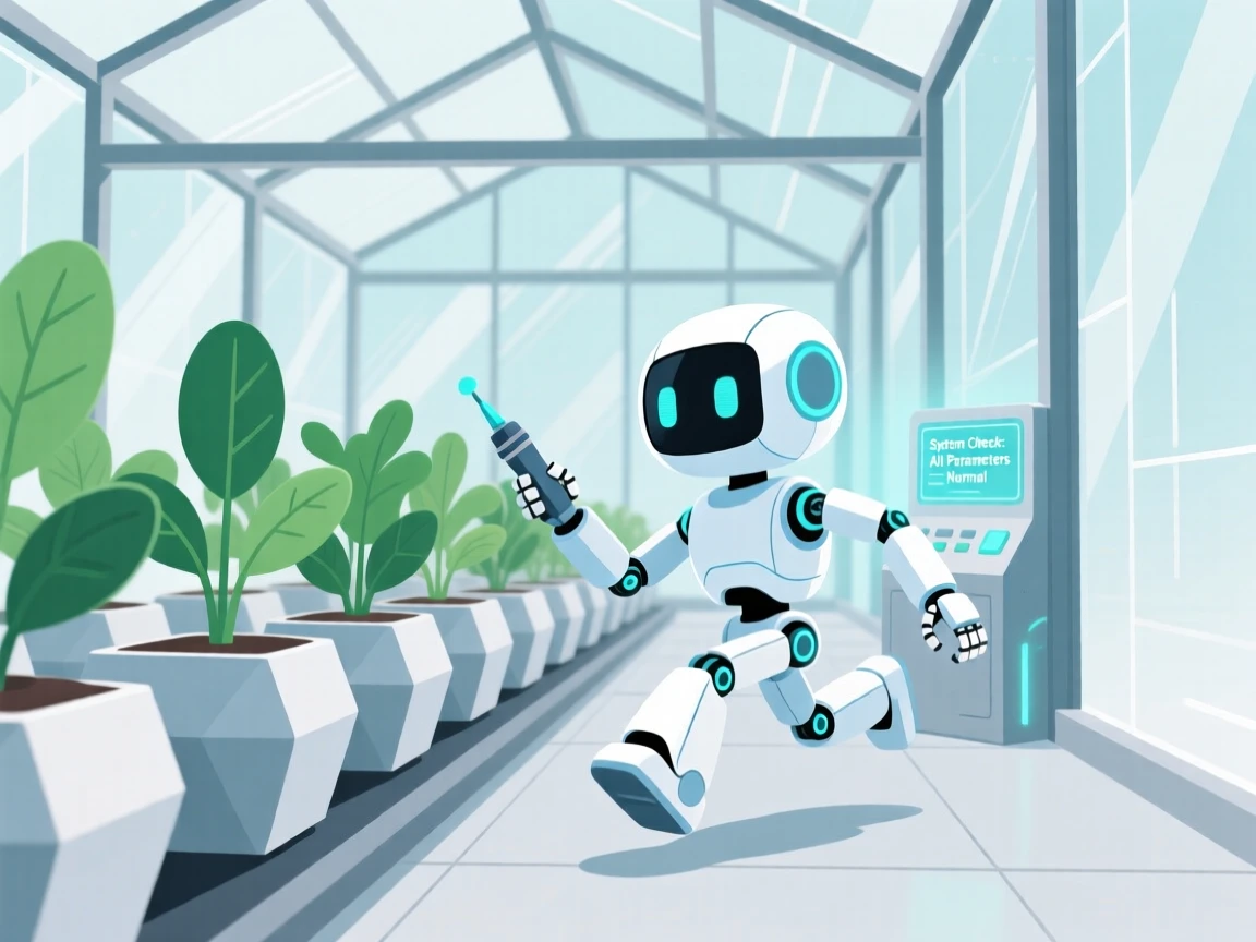 A small robot running diagnostics in a futuristic greenhouse.
