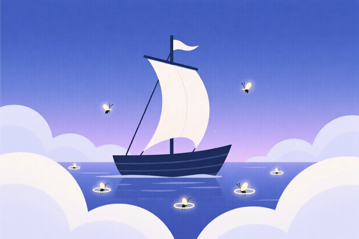 A magical ship sailing across a sea of clouds nestled within a quiet dreamscape at twilight, glowing near tiny glowing fireflies, full of quiet enchantment.