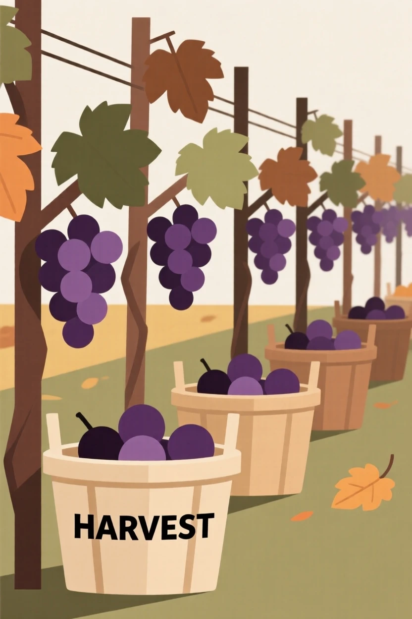 An autumn vineyard harvest with baskets of grapes