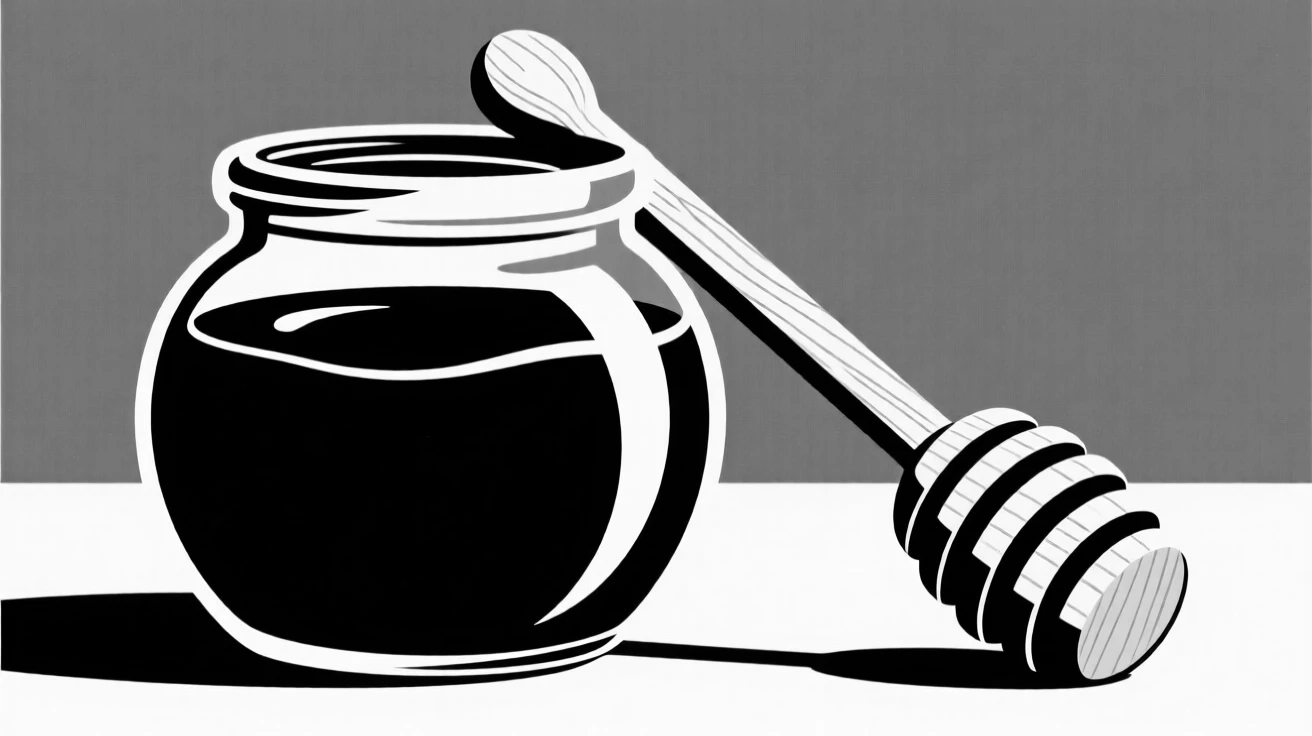 A jar of honey with a wooden dipper.