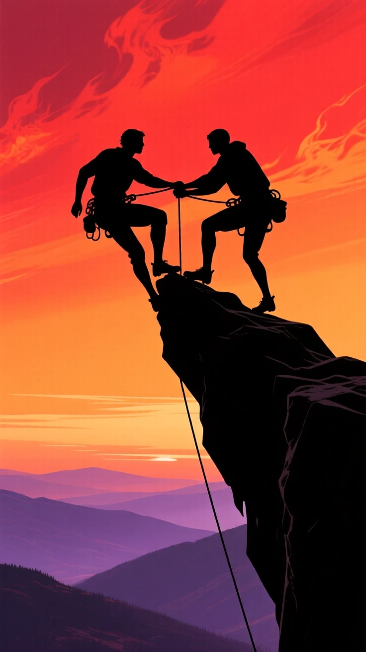 A pair of climbers crossing a narrow ridge with a valley falling away below.
