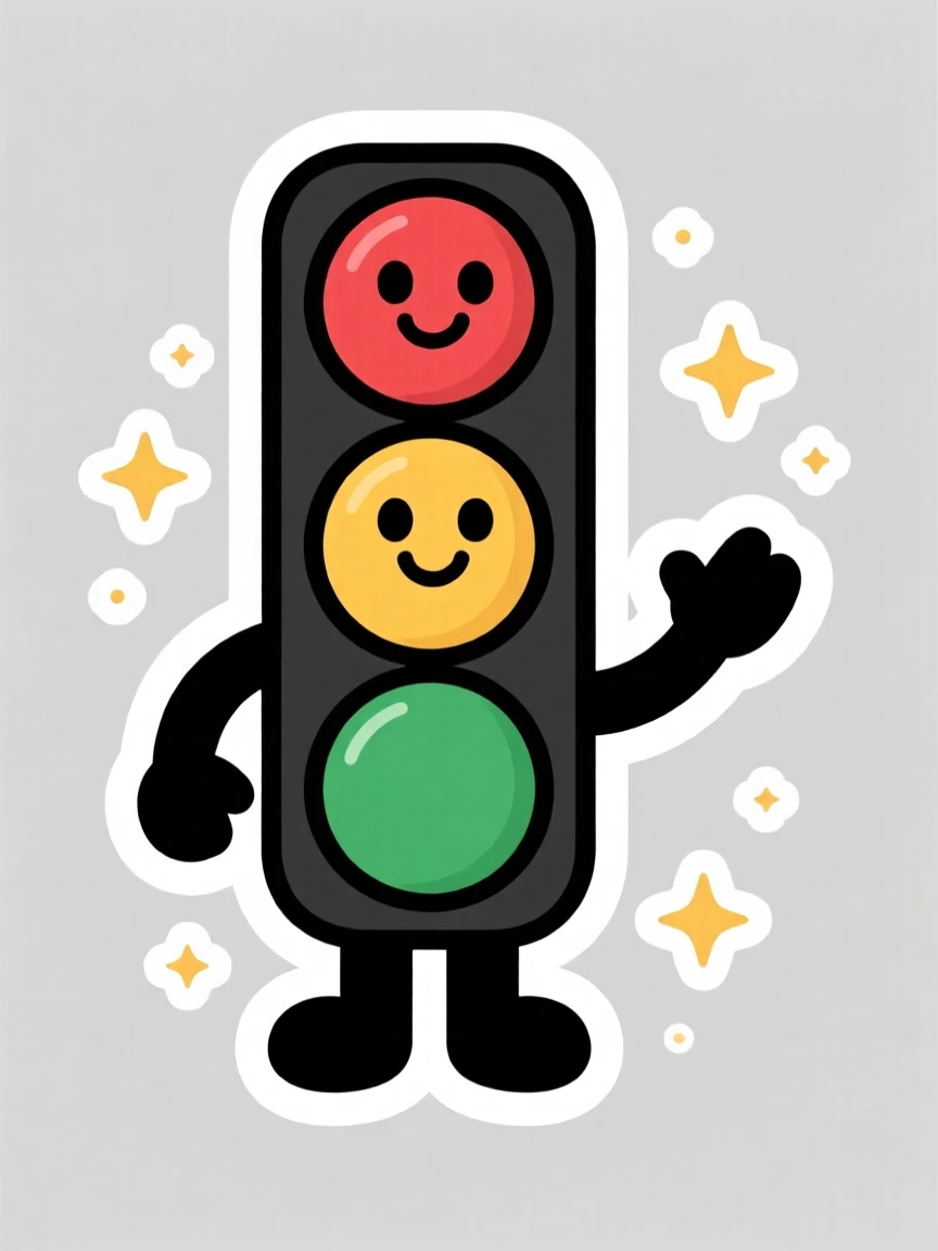 A gently expressive friendly traffic light character teaching road safety, surrounded by sparkles of curiosity, perfect for a classroom or nursery.