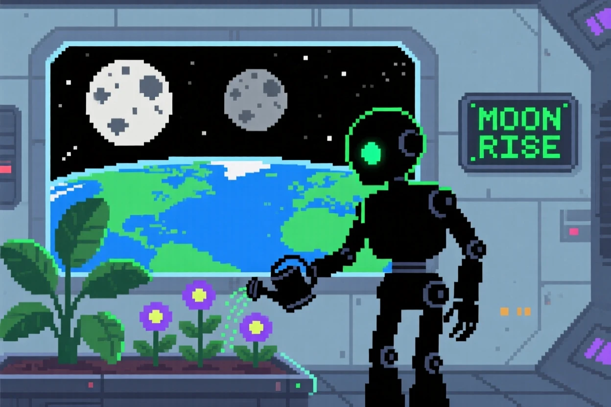 A robotic gardener tending space plants watching two moons rise over the horizon, inside a space station overlooking Earth.