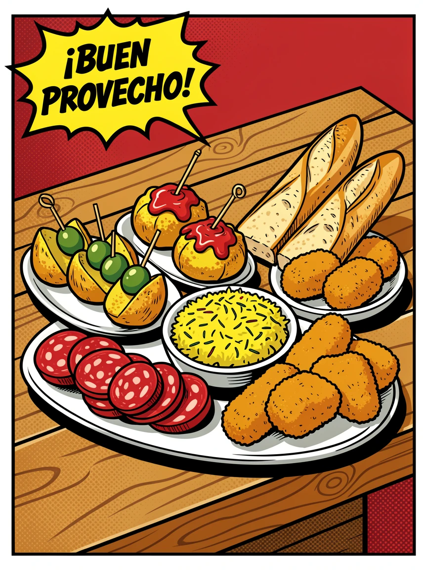 A Spanish tapas spread on a rustic wooden table