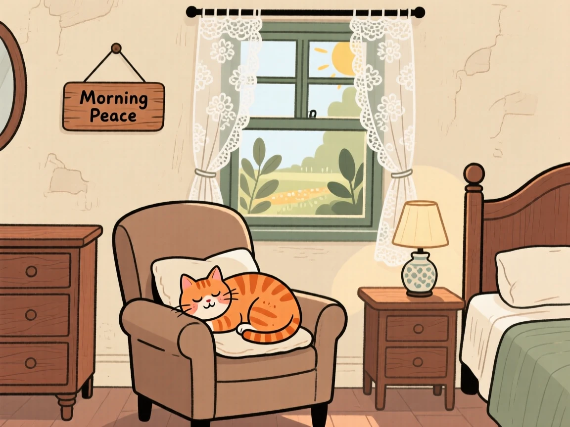 Morning light spills across a cottage bedroom filled with vintage furniture and lace curtains, where a orange cat naps peacefully on the armchair cushion.