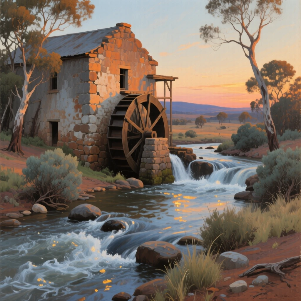 A well-framed scene of an old stone watermill beside a rushing stream, in the Australian outback, in the mid-20th century, at twilight.