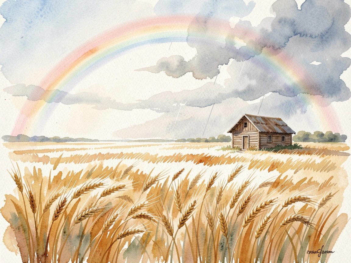 A golden wheat field beneath a rainbow after rain with a small wooden cabin at the edge.