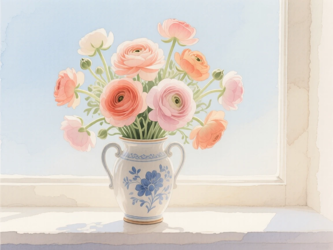 A bouquet of ranunculus in layered petals of coral and blush fills an antique porcelain vase on a windowsill
