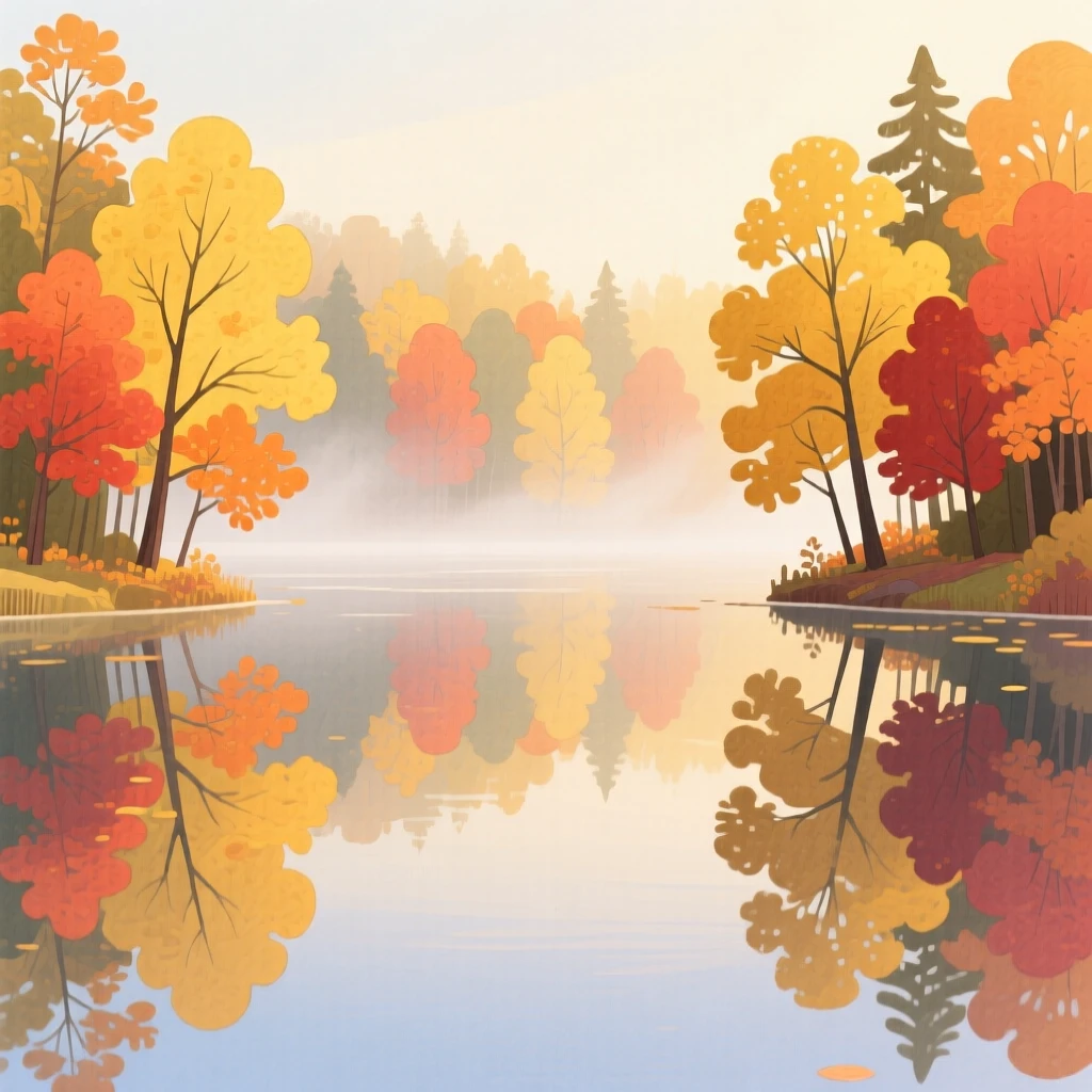 A quiet lake reflecting autumn foliage bathed in warm light under a soft blanket of fog.