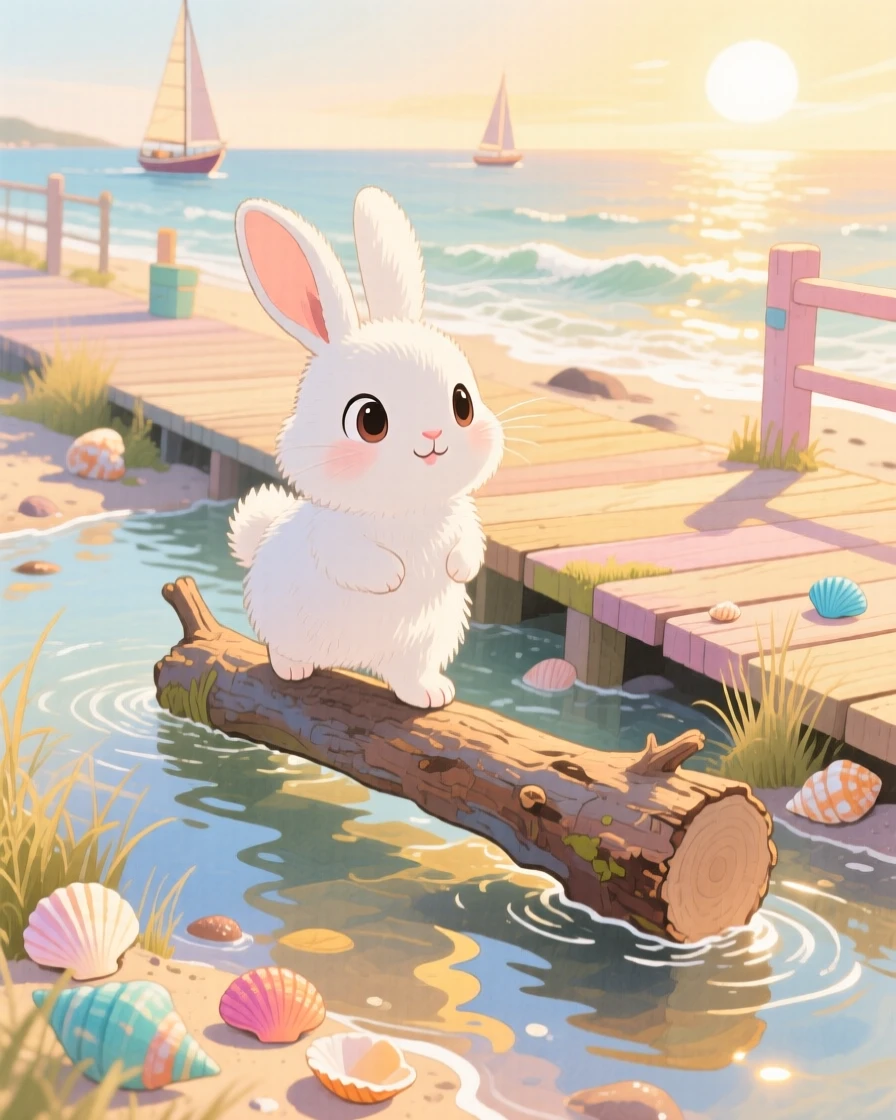 A fluffy white rabbit balancing on a log across a gentle stream, set in a seaside boardwalk at golden hour, filled with wide-eyed wonder.