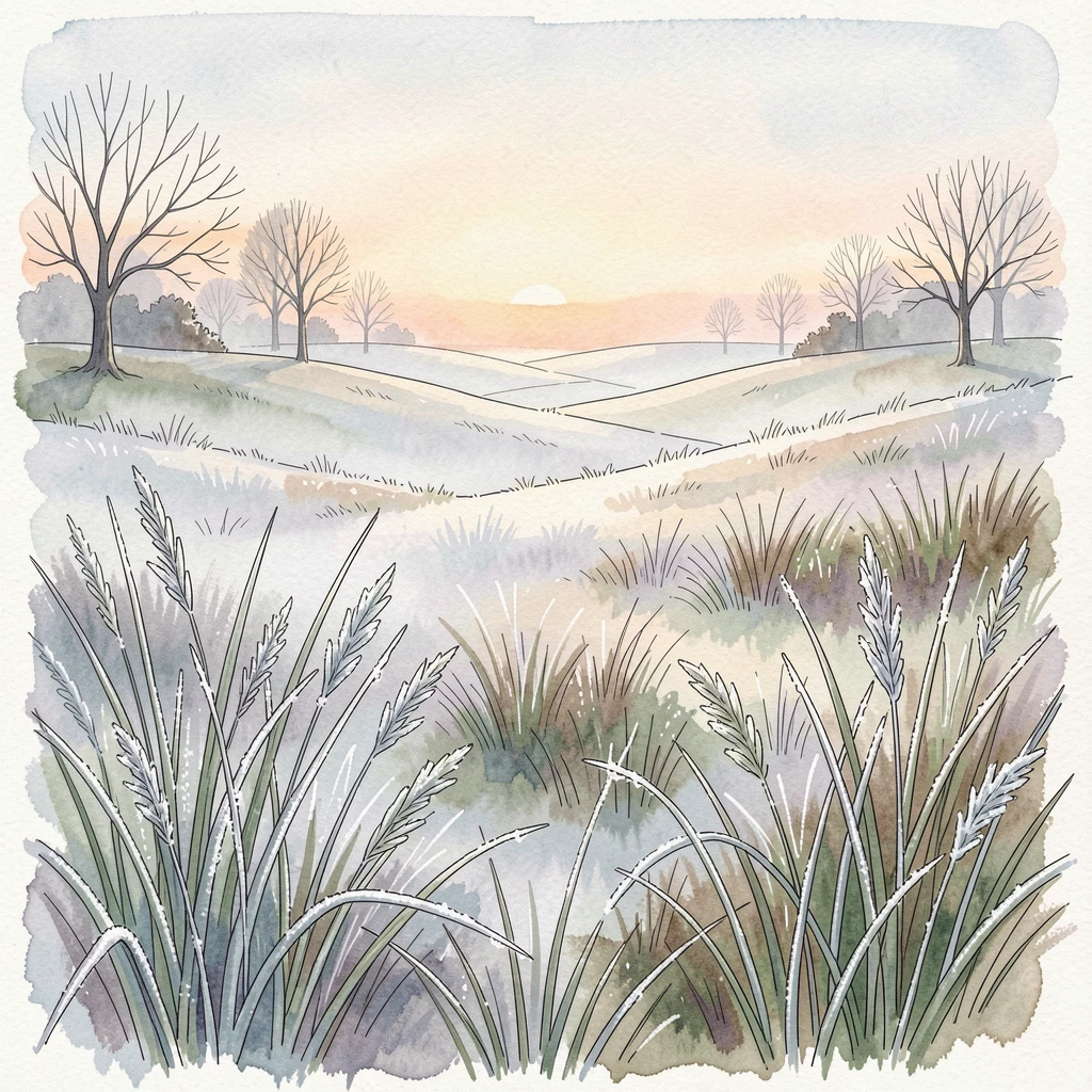 A frost-covered meadow catching the first light of a winter morning, a soft mist clinging to the low ground as the sun begins to rise.