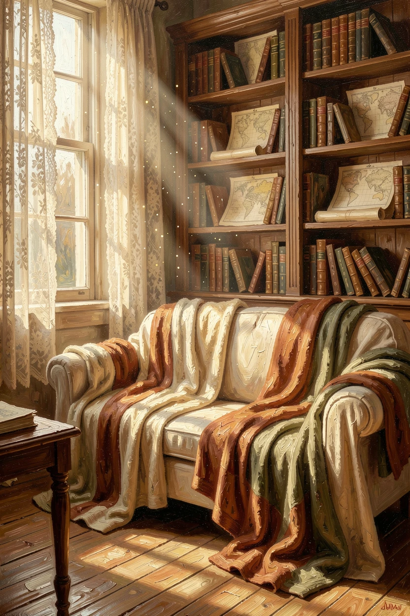 With soft blankets draped over a well-loved sofa, a warmly lit study filled with maps and old books, dust motes drifting through a beam of light, at dawn, the first light spilling through lace curtains.
