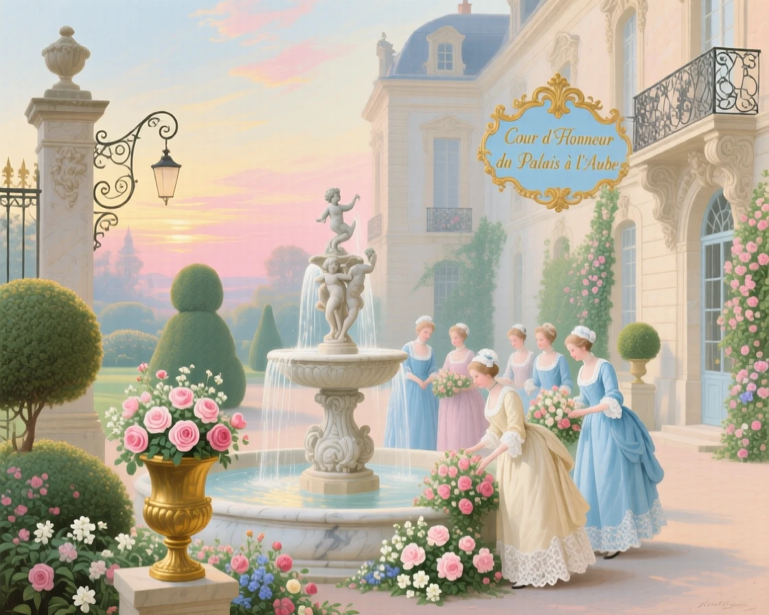 A palace courtyard at dawn with servants arranging flowers around a fountain  