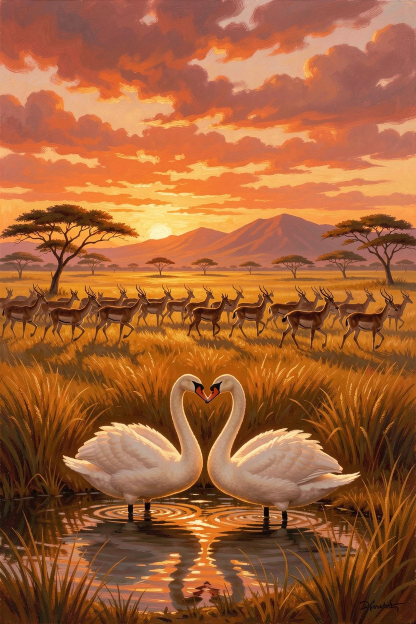 A pair of swans gathers at a golden savanna at sunset as the herd moves as one.