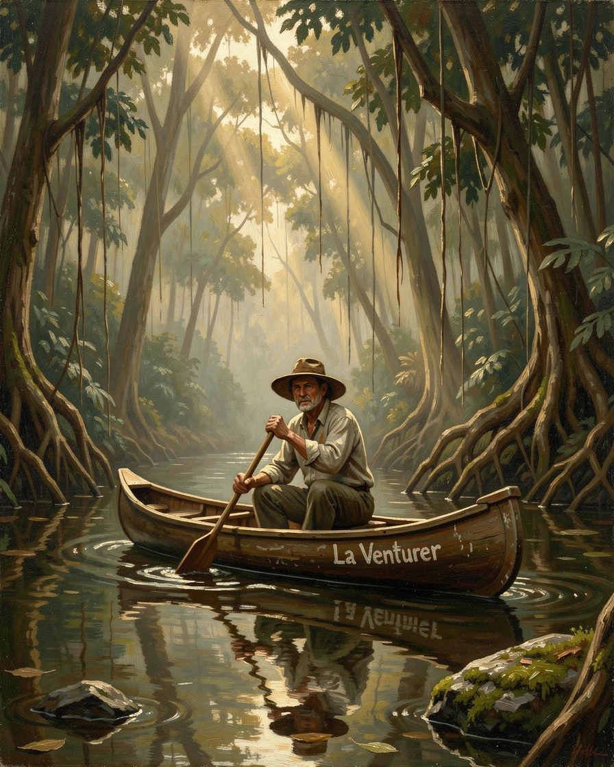 A traveler paddling a canoe through a misty, silent jungle river, as dramatic natural light enhances the excitement of the journey, offering a vivid, awe-inspiring window into a far-off adventure