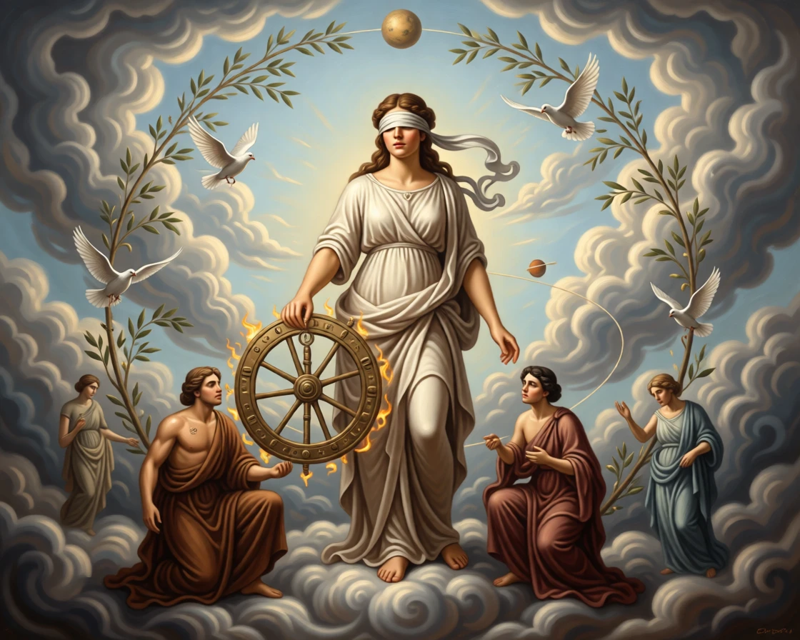 A blindfolded figure representing Fortune spinning her great wheel as unseen forces of fate quietly converge, set amid swirling clouds suspended between earth and sky, with doves, olive branches, or flames rendered as carriers of deeper meaning; supporting figures orbit the central allegory like planets around a sun, filled with quiet reverence for forces greater than ourselves.