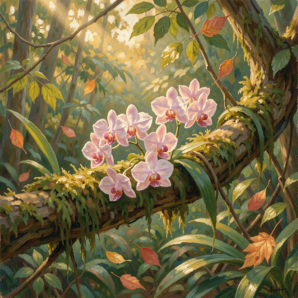A cluster of wild orchids growing along a mossy rainforest branch, sunlight breaking through the canopy, as autumn leaves begin to fall, filled with a cozy, comforting atmosphere.