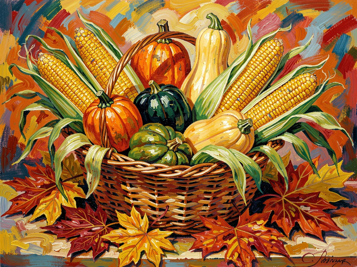 A still life of a harvest basket filled with squash, corn, and autumn leaves.