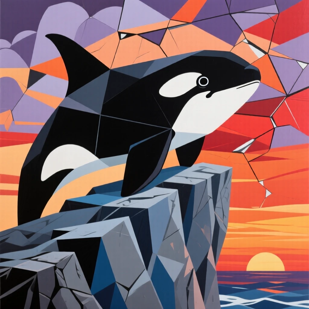 A striking view of an orca perched high on a rocky cliff at sunset beneath a dramatic sky.