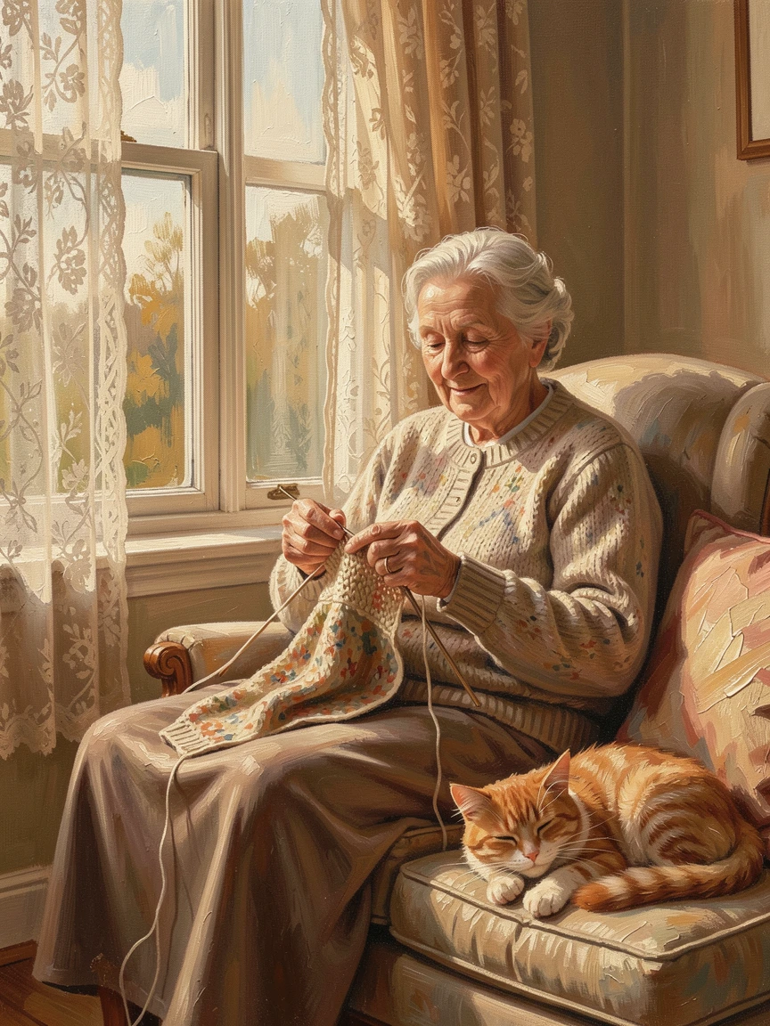 A cozy scene shows a grandmother knitting by a window as her cat naps curled on a nearby cushion in warm afternoon light, a sense of genuine, unguarded emotion captured in the small details of their expression.
