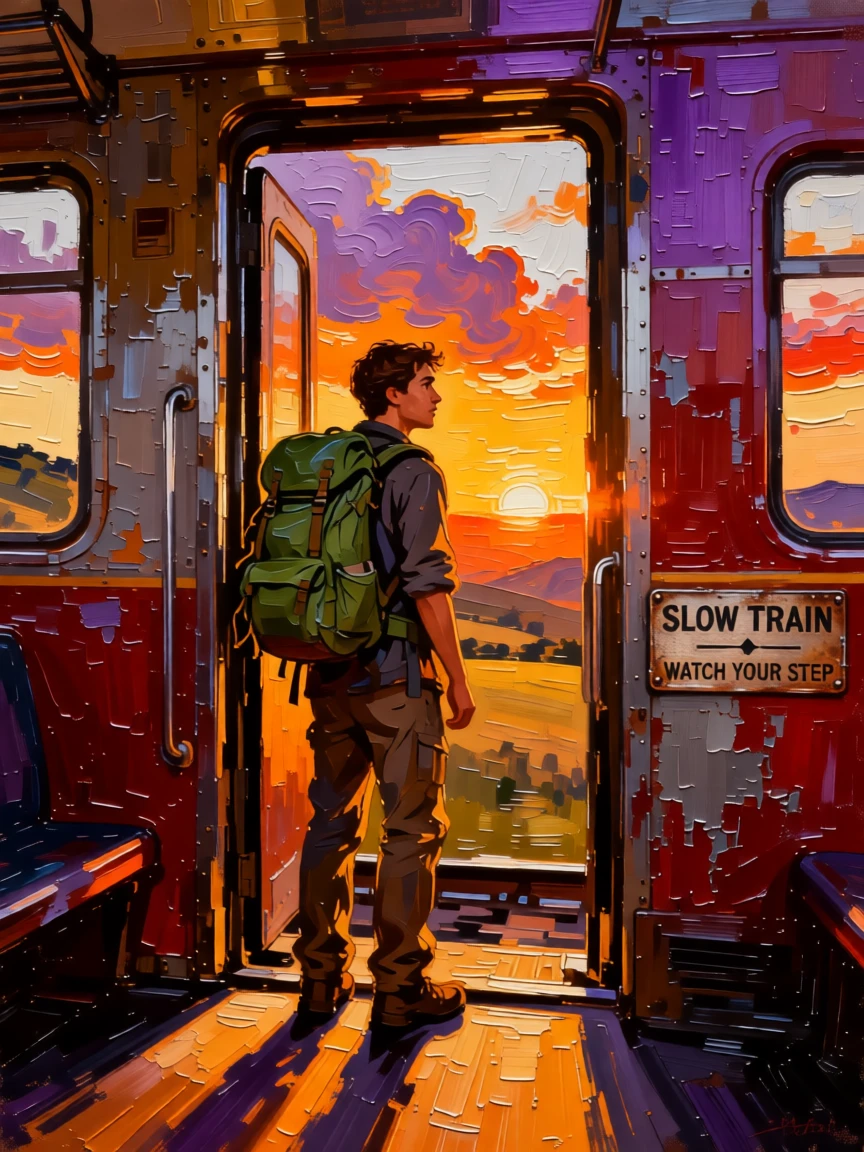 A backpacker watching the sunset from the open door of a slow-moving train