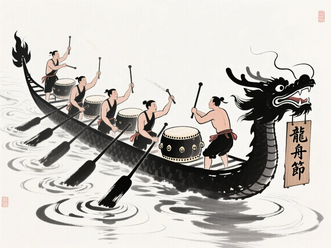 Drummers keep rhythm at the bow of a dragon boat as oars strike the water in unison, as ripples spread wide across the river's surface.