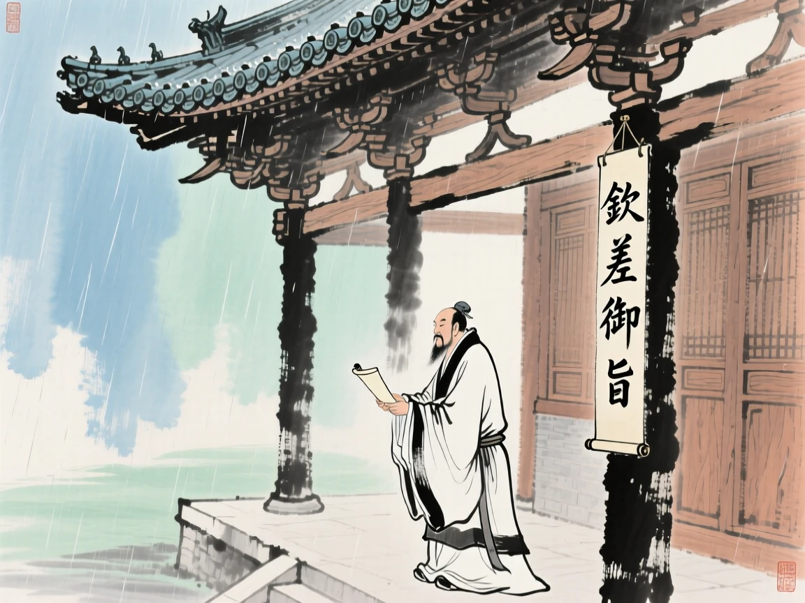 A scholar receiving an imperial edict beneath the eaves of a great hall, just after a rain shower.