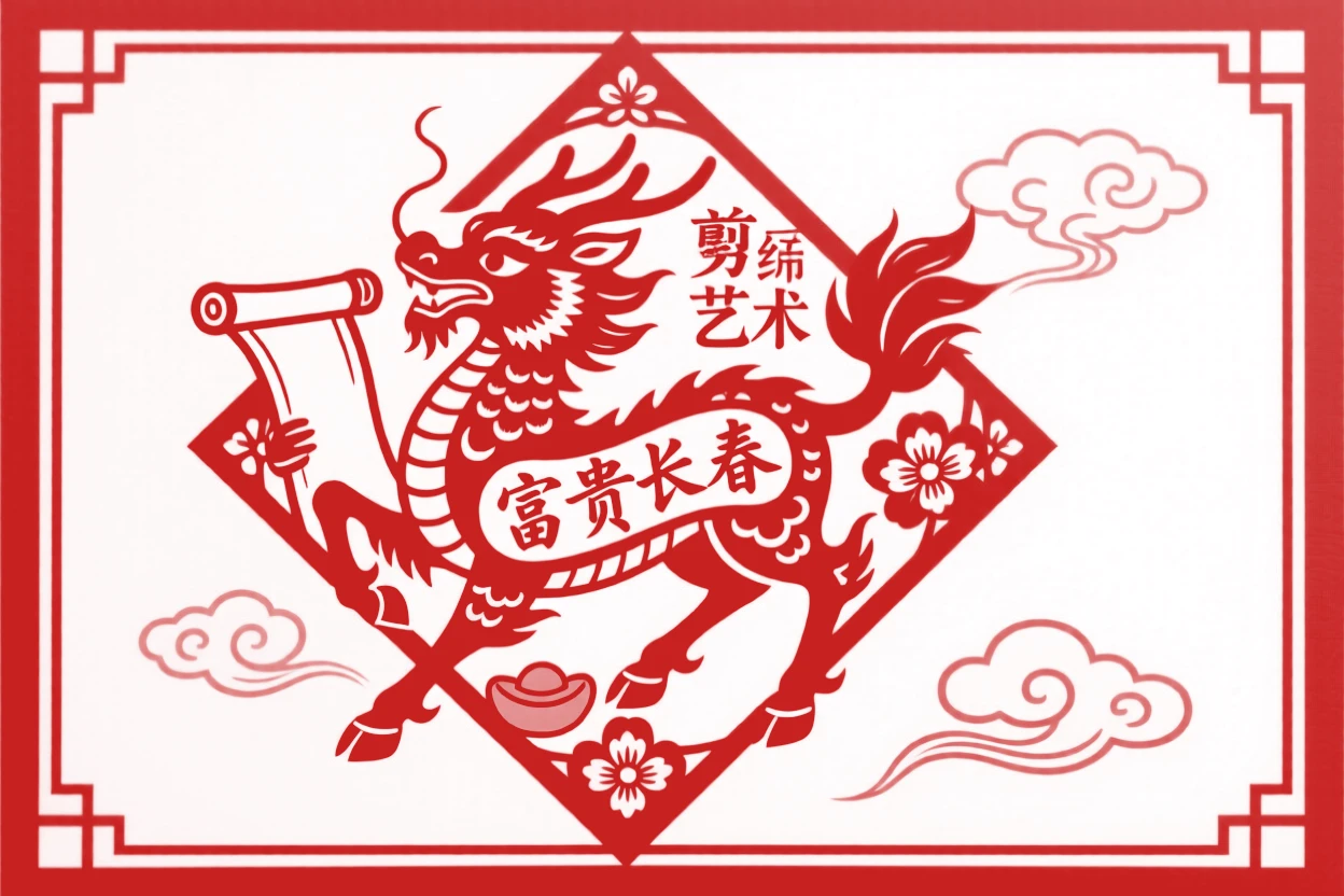 A qilin bearing a scroll, centered within a diamond-shaped panel, symbolizing wealth and enduring good fortune.