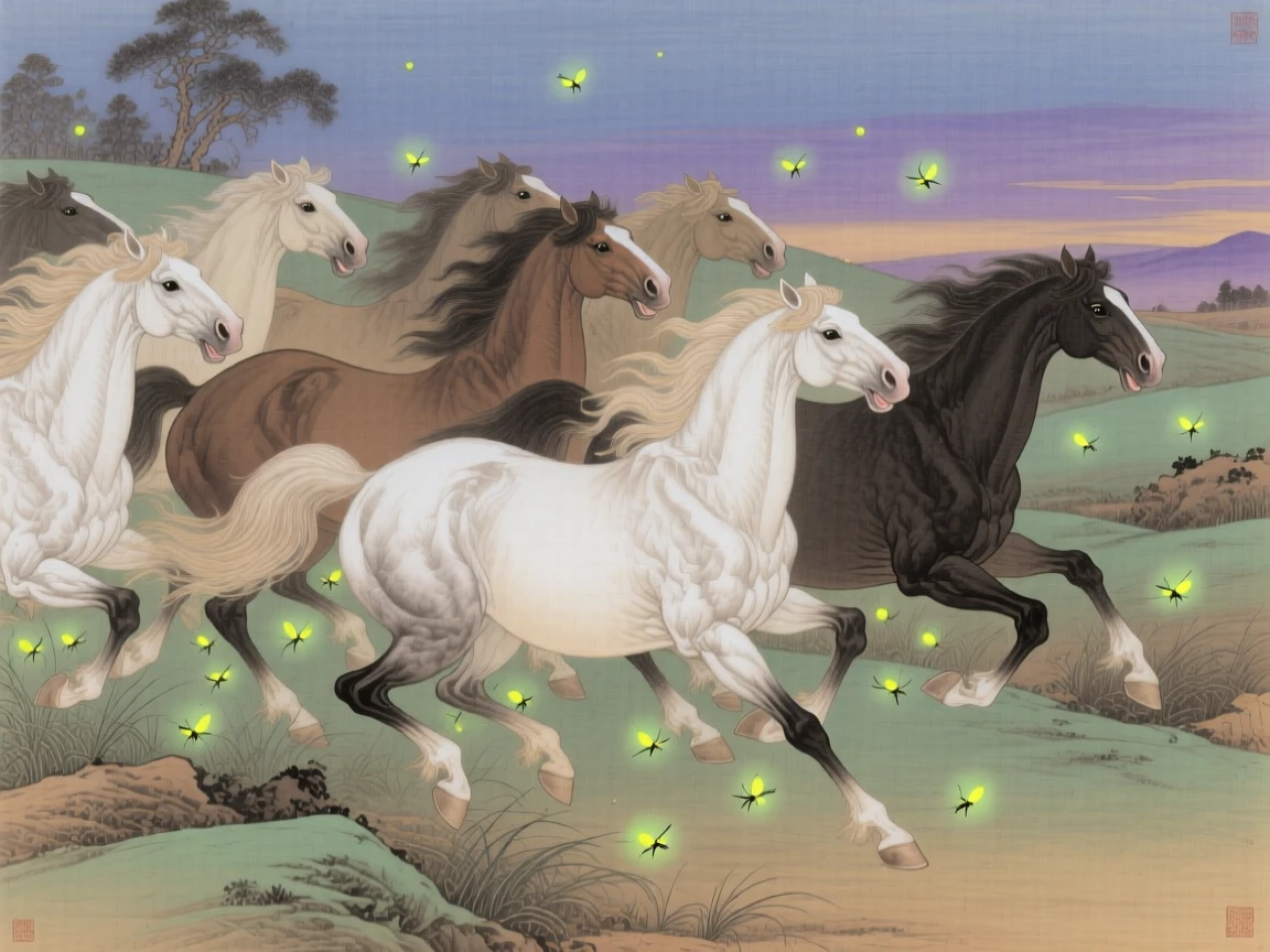 A herd of wild horses chasing fireflies at twilight