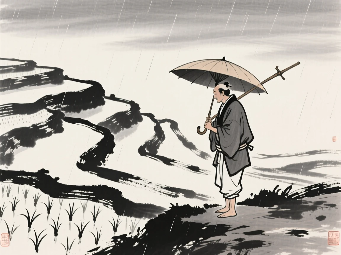 A woodcutter sheltering from rain beneath a broad umbrella beside a terraced rice field, composed with soft light falling across the scene, conveying quiet devotion and simple contentment.