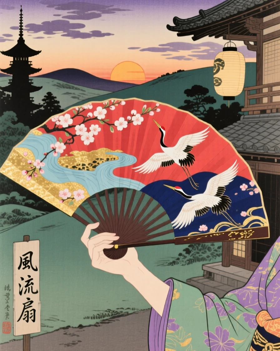 An ornate painted folding fan glowing softly at dusk.