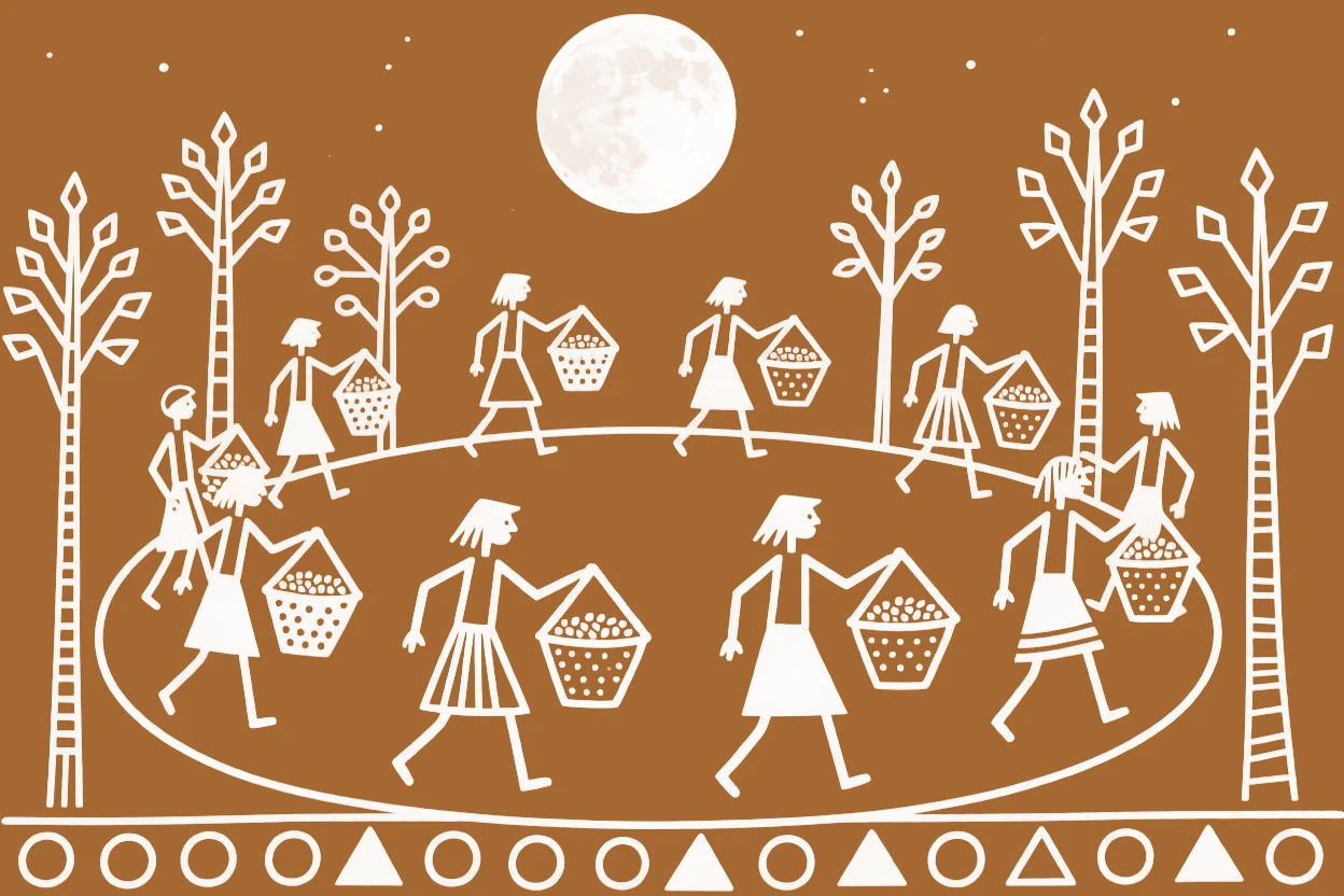A composition centered on a moonlit courtyard surrounded by farmers carrying baskets of grain.