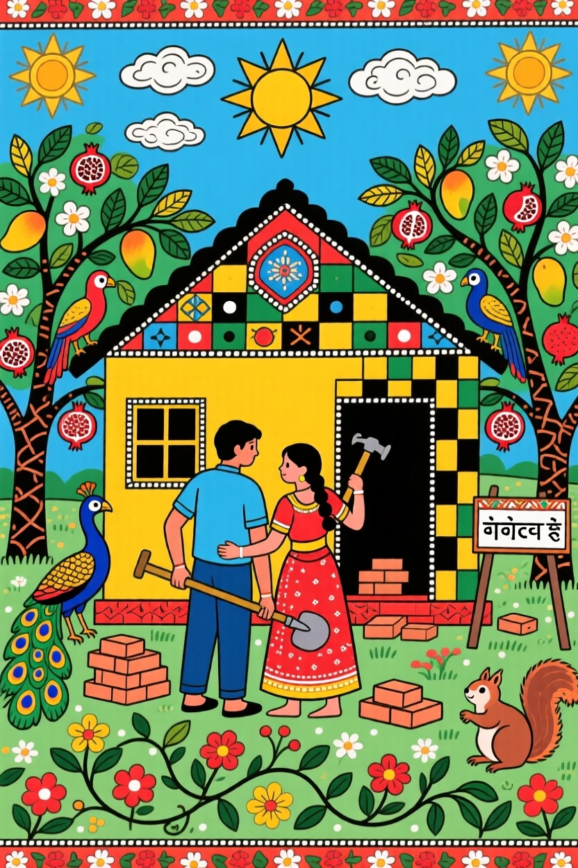 A young couple building their first home beside a quiet orchard.