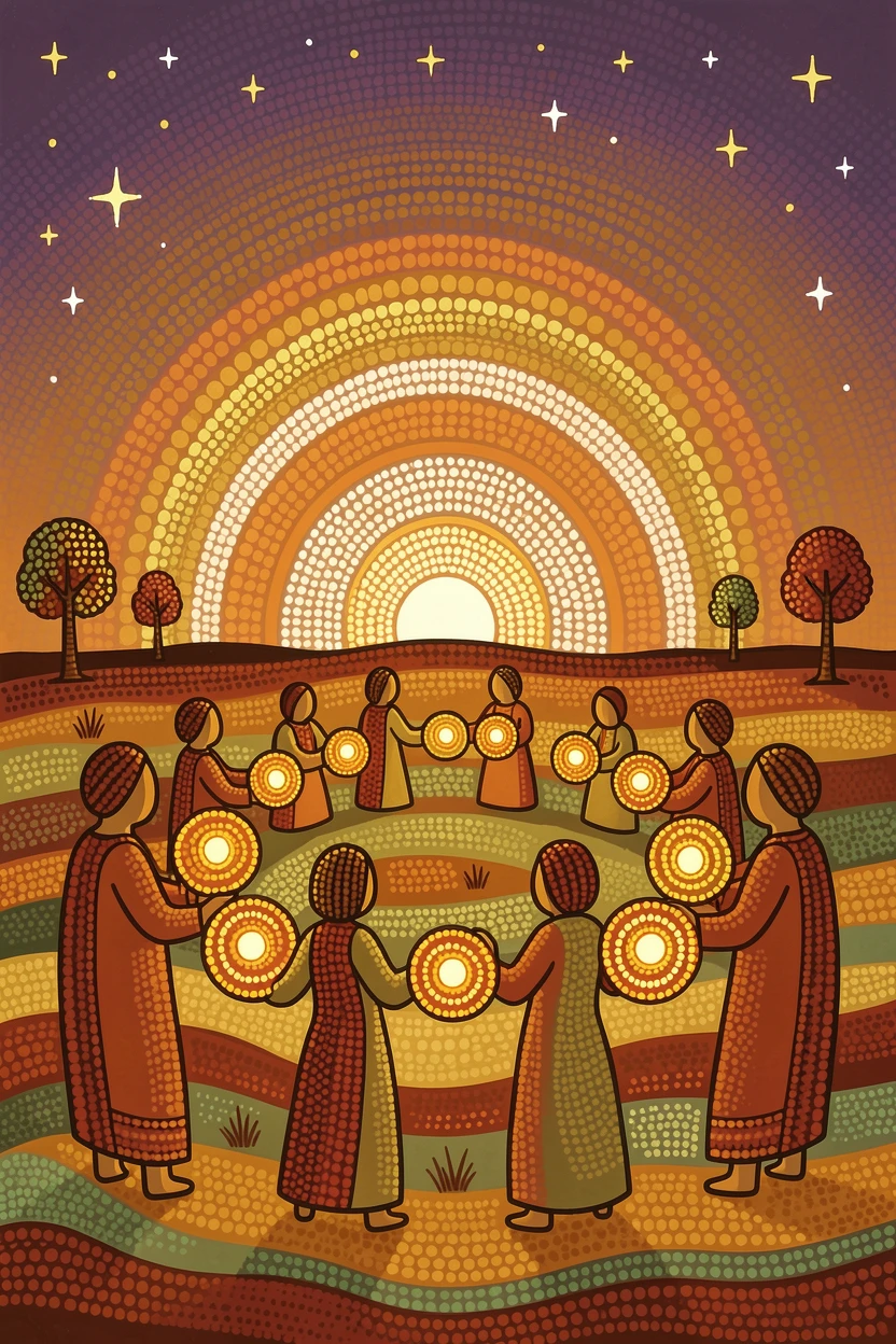 Villagers lighting lanterns for a night festival at sunrise